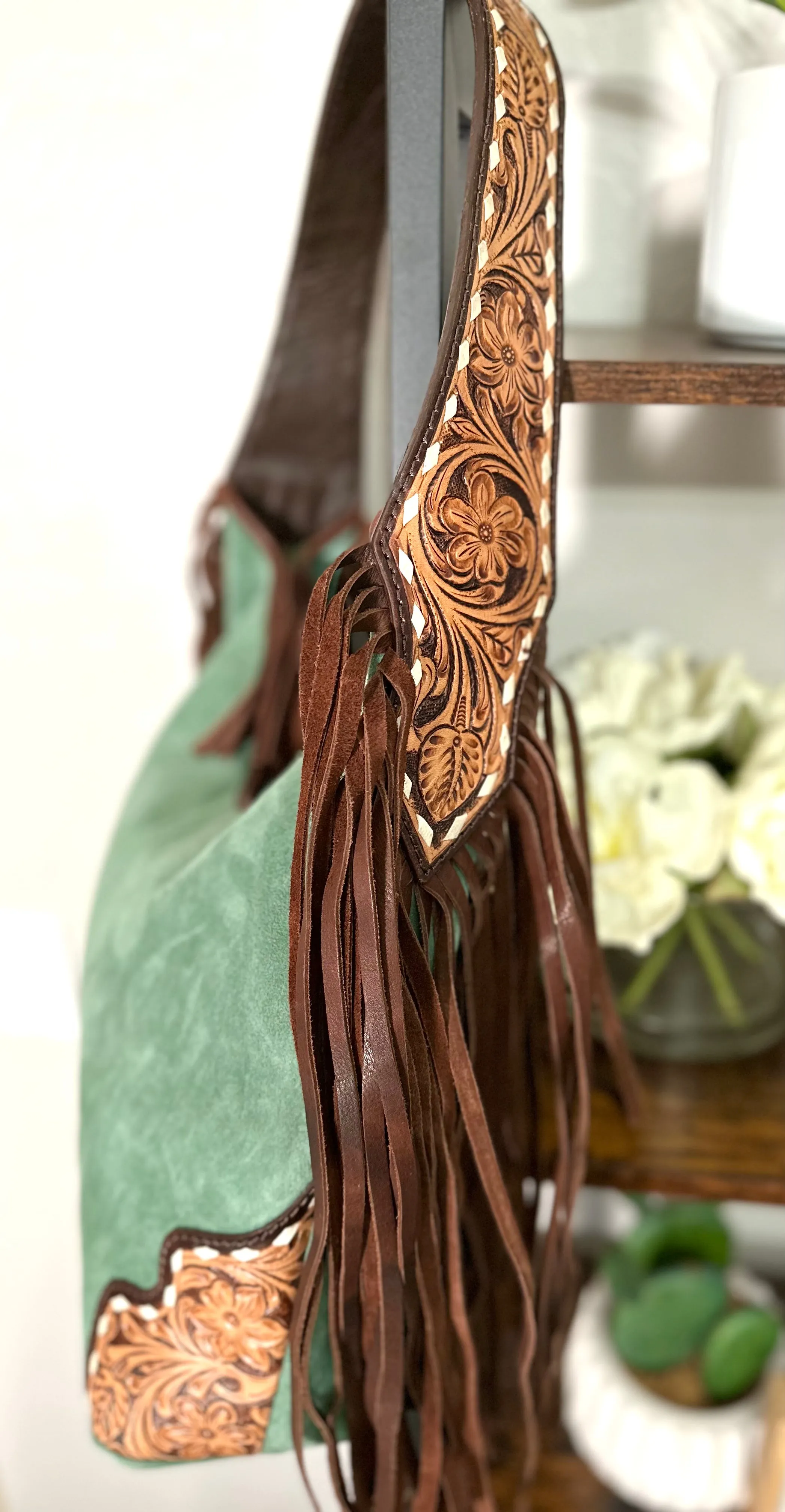 Sage Green Suede and Leather Tooled Hobo Fringe Handbag