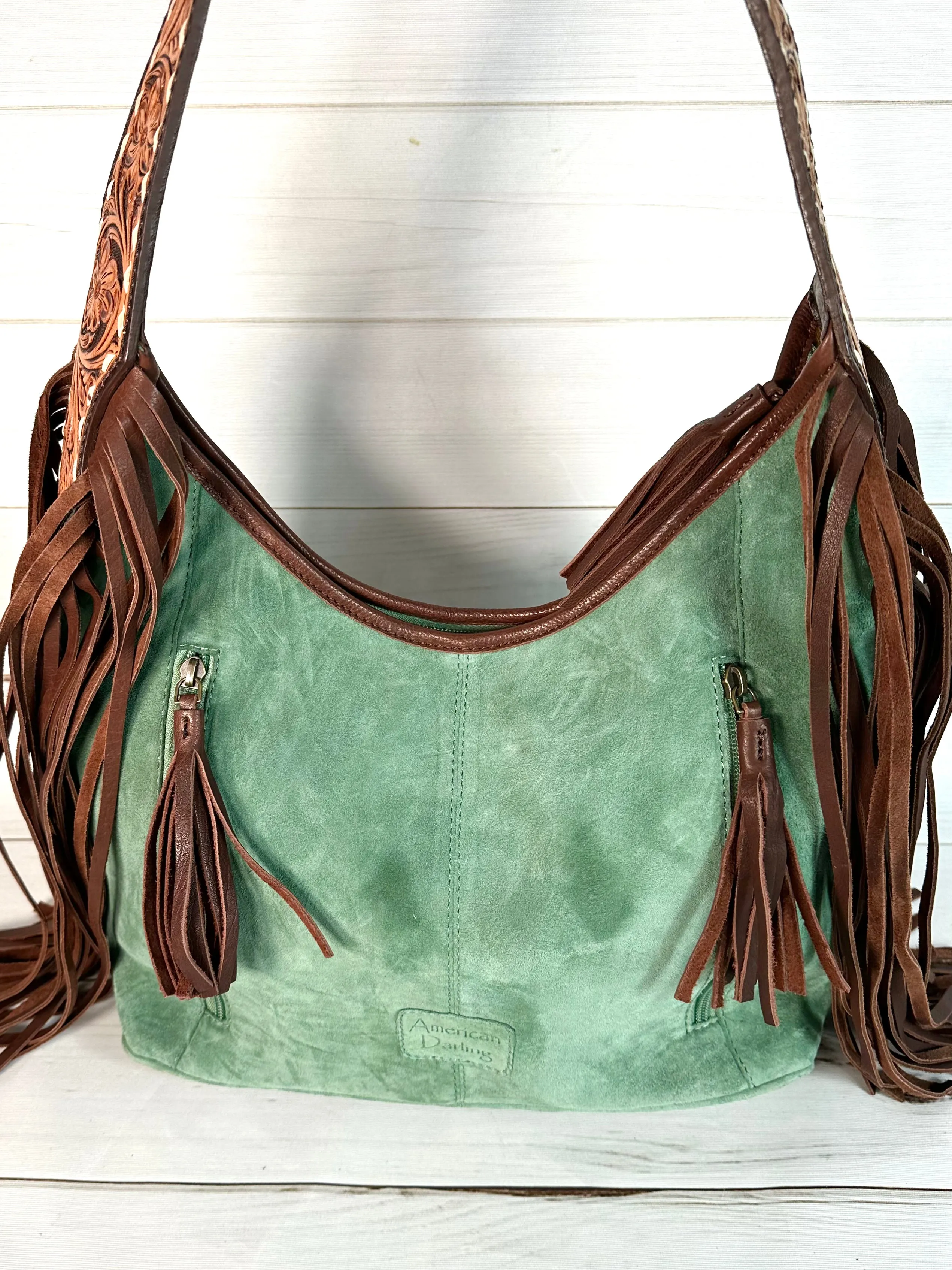 Sage Green Suede and Leather Tooled Hobo Fringe Handbag