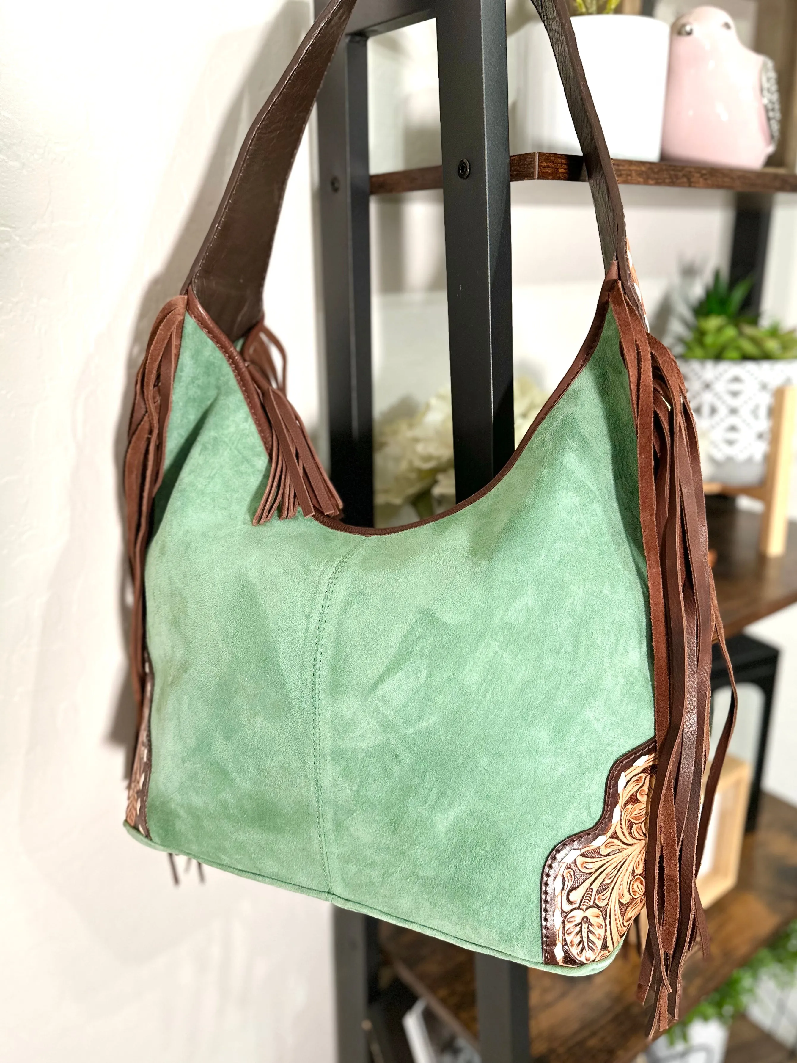 Sage Green Suede and Leather Tooled Hobo Fringe Handbag