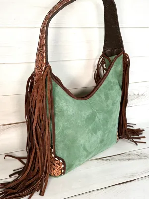 Sage Green Suede and Leather Tooled Hobo Fringe Handbag