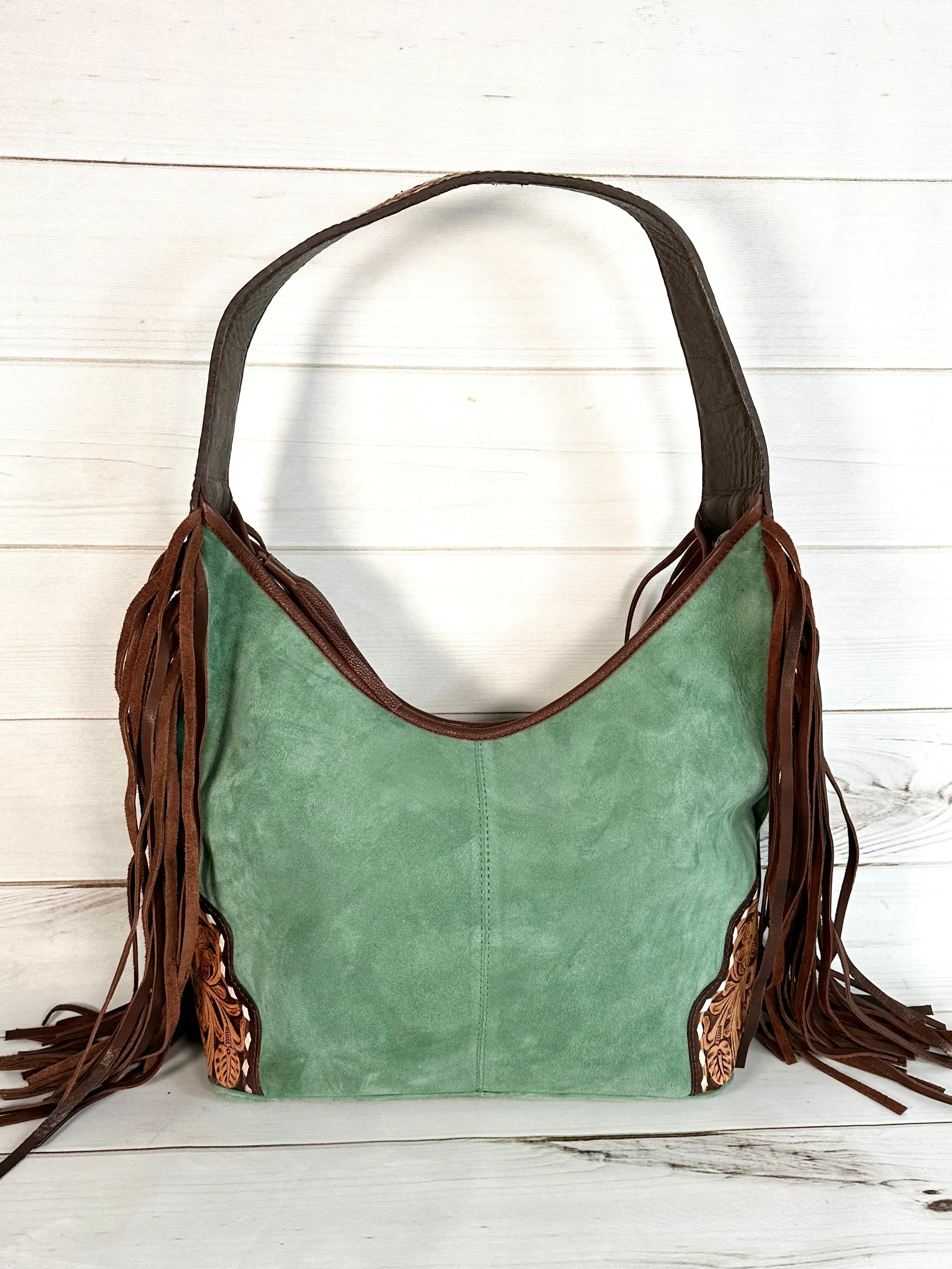Sage Green Suede and Leather Tooled Hobo Fringe Handbag