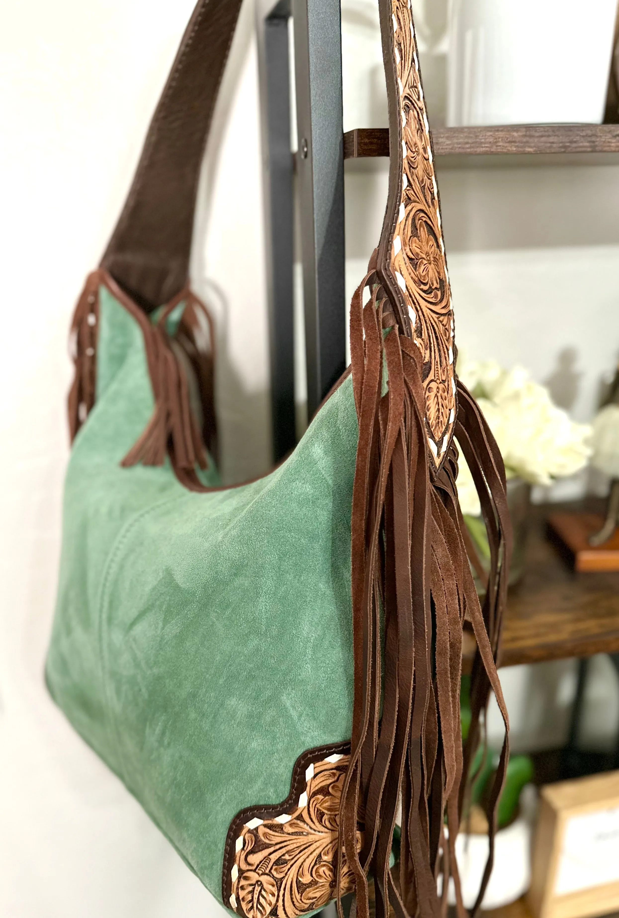 Sage Green Suede and Leather Tooled Hobo Fringe Handbag