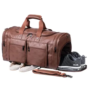 seyfocnia Leather Duffel Bag with Shoe Pouch, Waterproof Weekend Travel Bag
