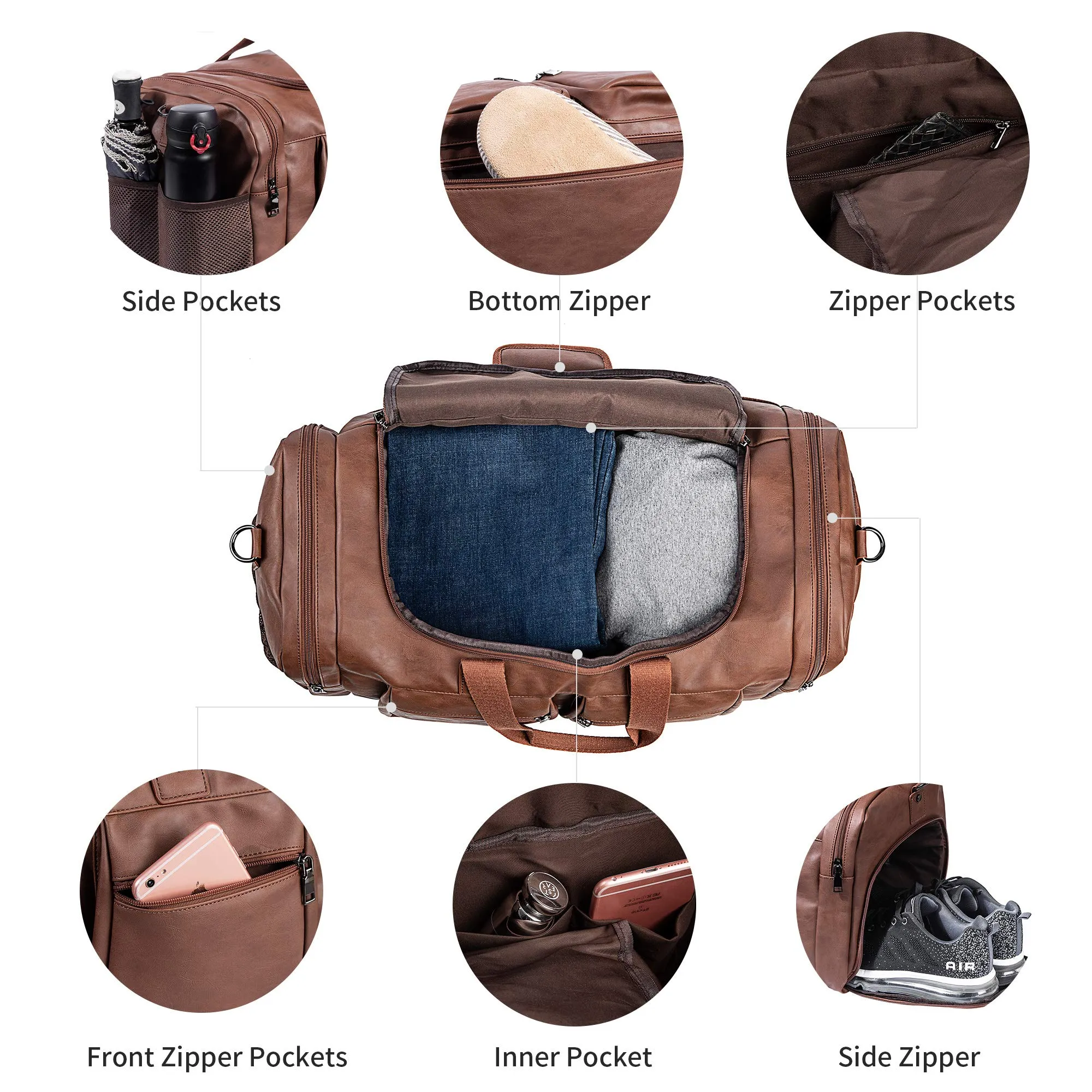 seyfocnia Leather Duffel Bag with Shoe Pouch, Waterproof Weekend Travel Bag