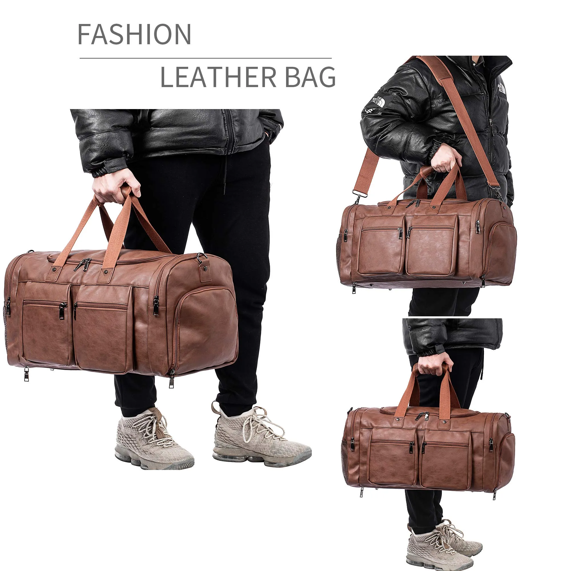 seyfocnia Leather Duffel Bag with Shoe Pouch, Waterproof Weekend Travel Bag