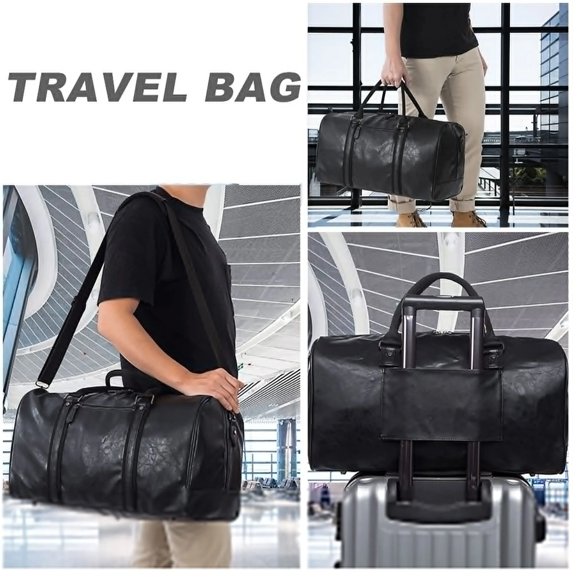 seyfocnia Leather Duffle Bag, Waterproof Weekend Travel Bag