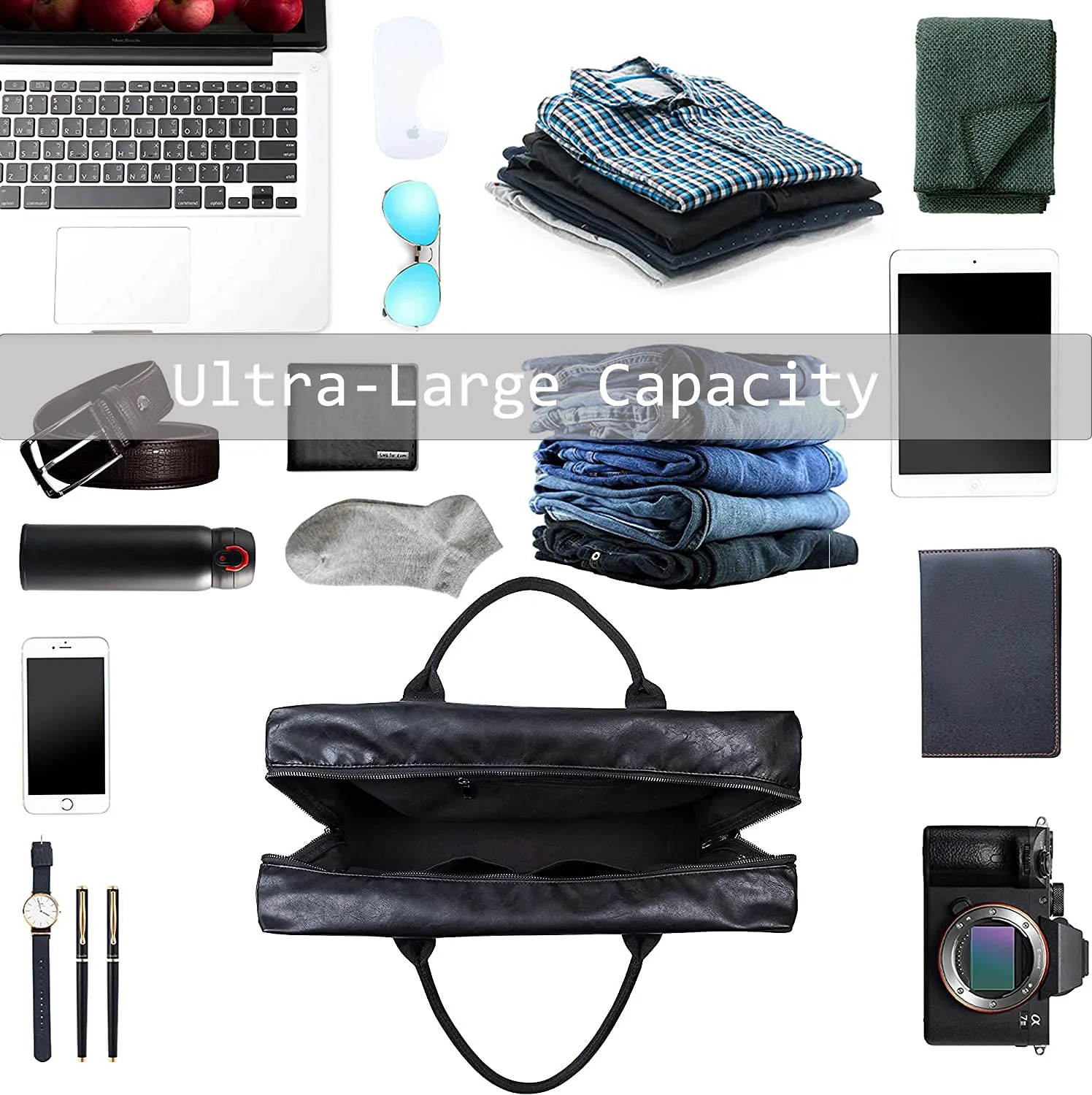 seyfocnia Leather Duffle Bag, Waterproof Weekend Travel Bag
