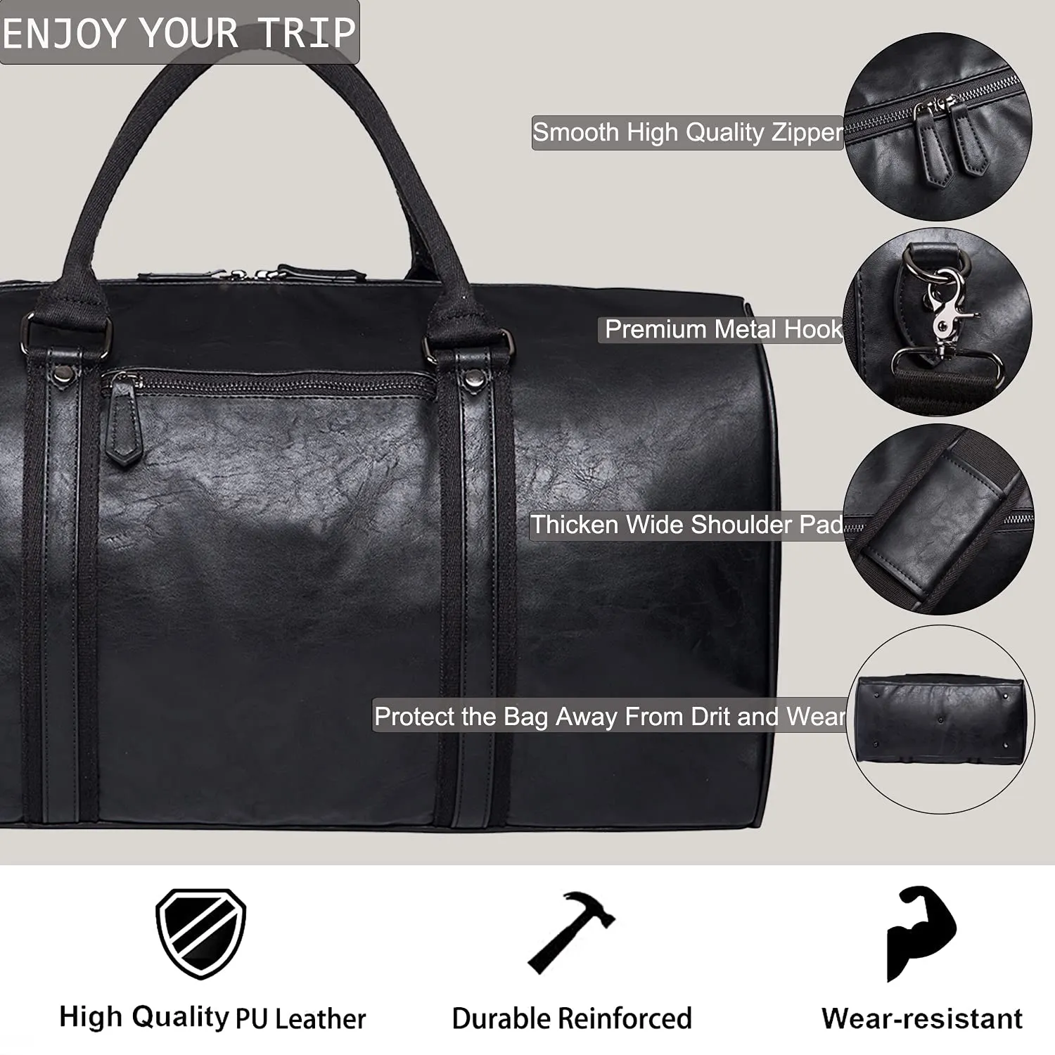 seyfocnia Leather Duffle Bag, Waterproof Weekend Travel Bag
