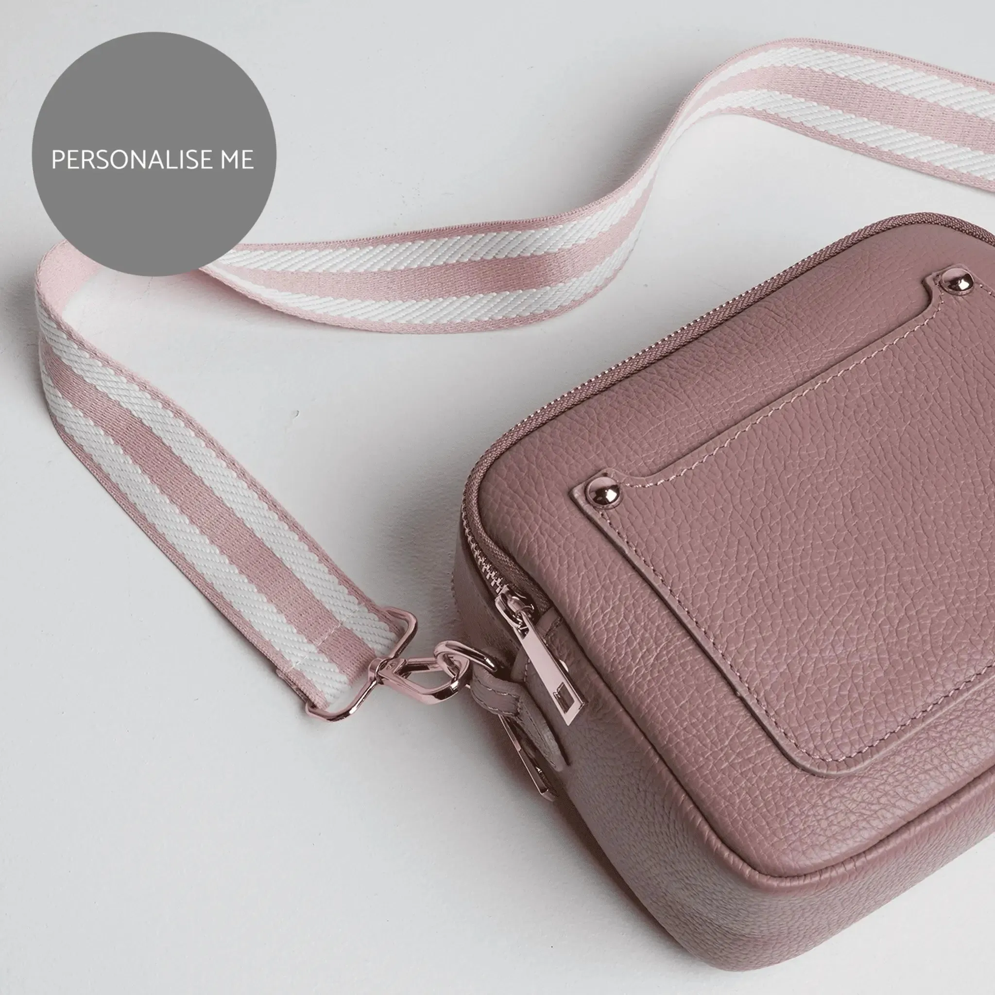 Sienna Crossbody Bag in Antique Pink with Candy Stripe Strap