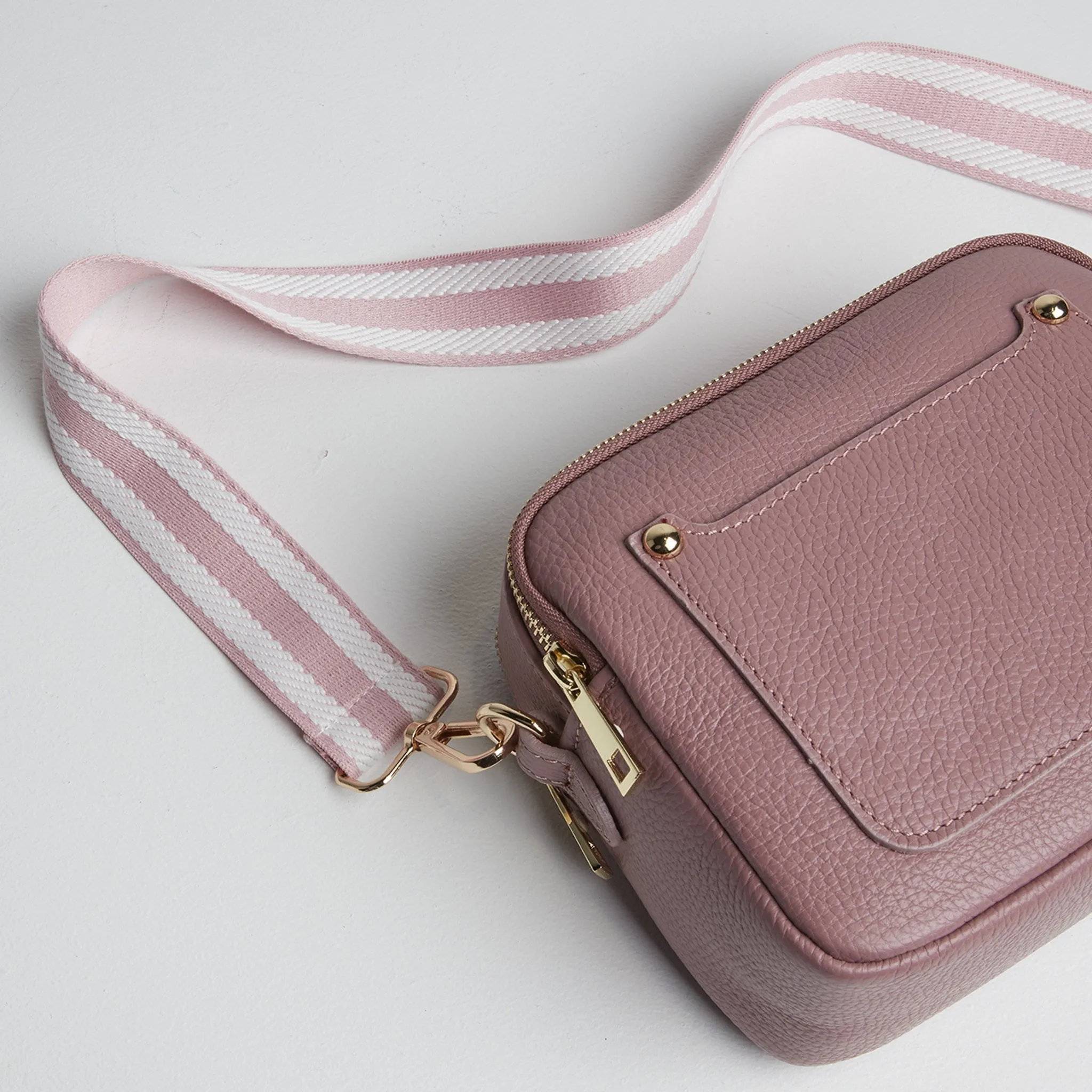 Sienna Crossbody Bag in Antique Pink with Candy Stripe Strap