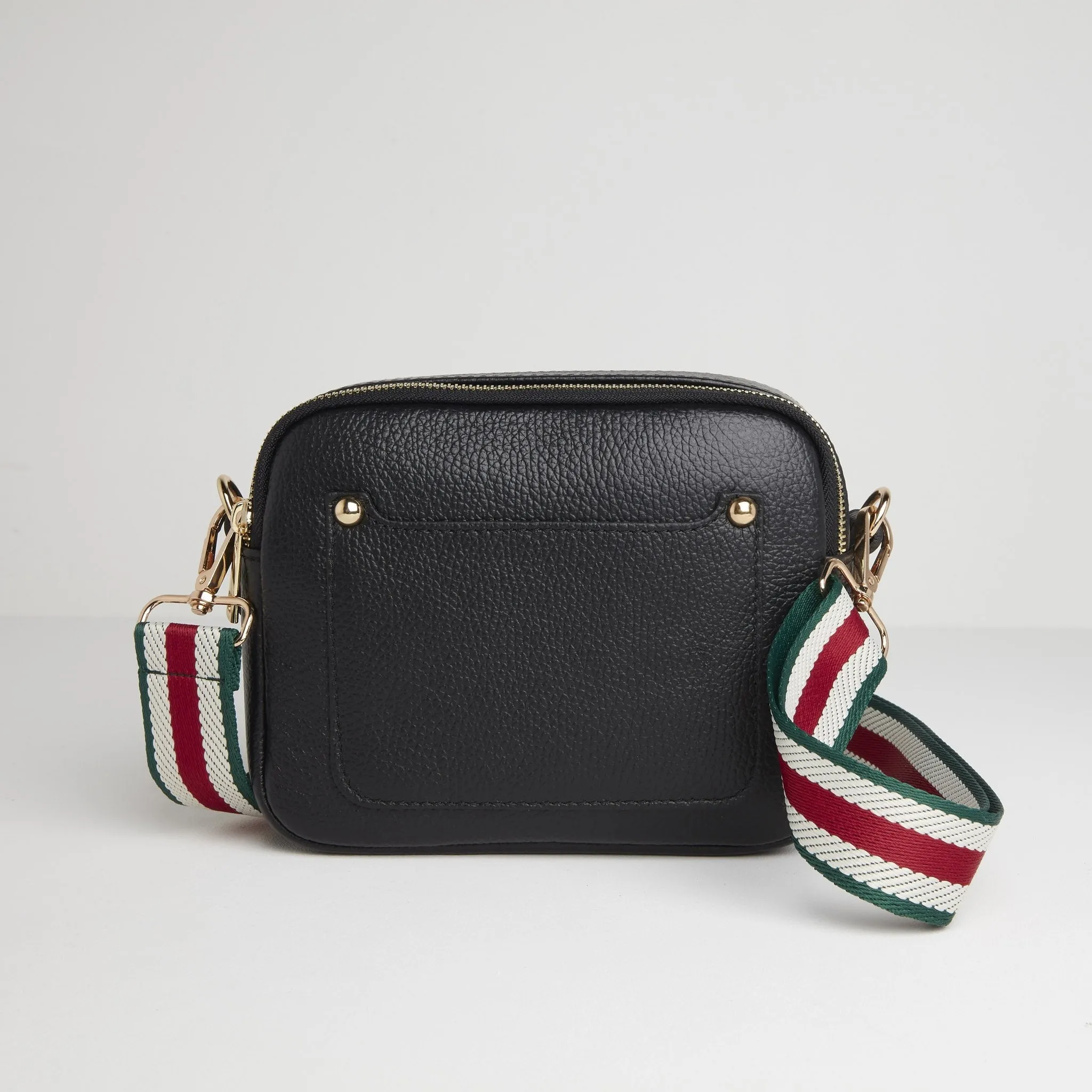 Sienna Crossbody Bag in Black with Green Stripe Strap