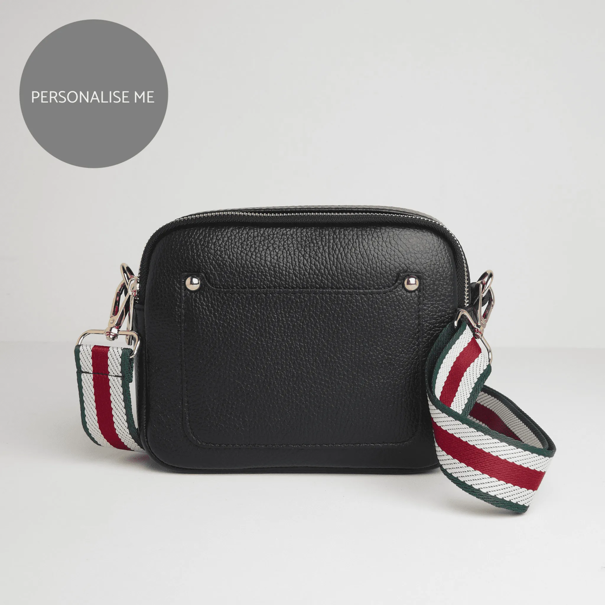 Sienna Crossbody Bag in Black with Green Stripe Strap