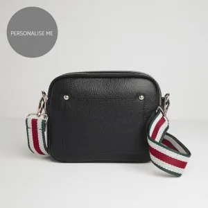 Sienna Crossbody Bag in Black with Green Stripe Strap