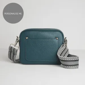 Sienna Crossbody Bag in Teal With Black and White Chevron Strap
