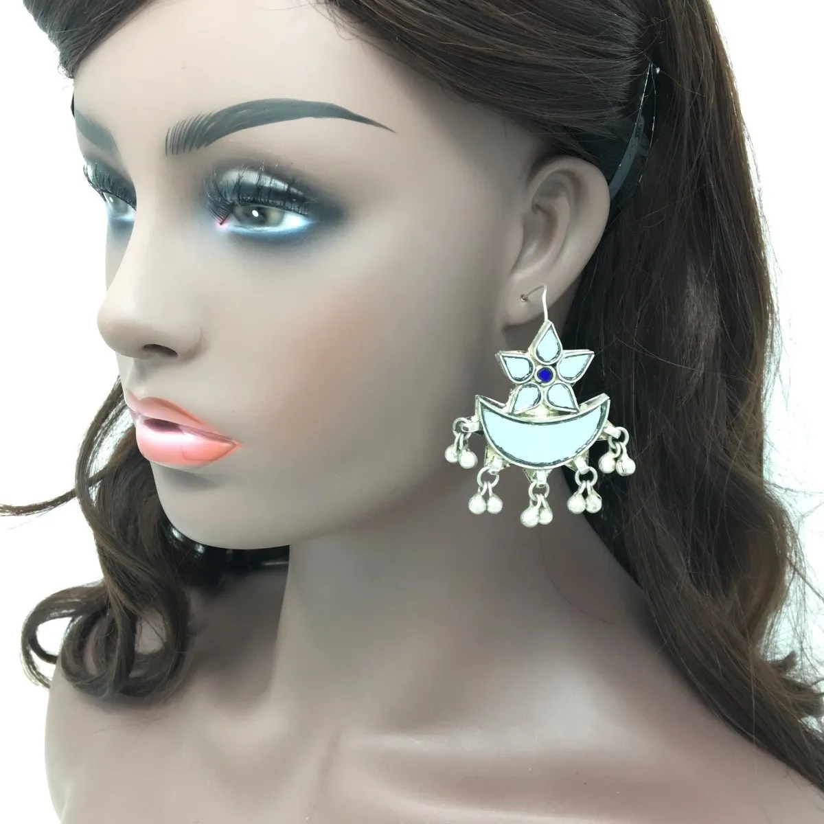 Silver Mirror Earrings with Flower Design and Ghungroos