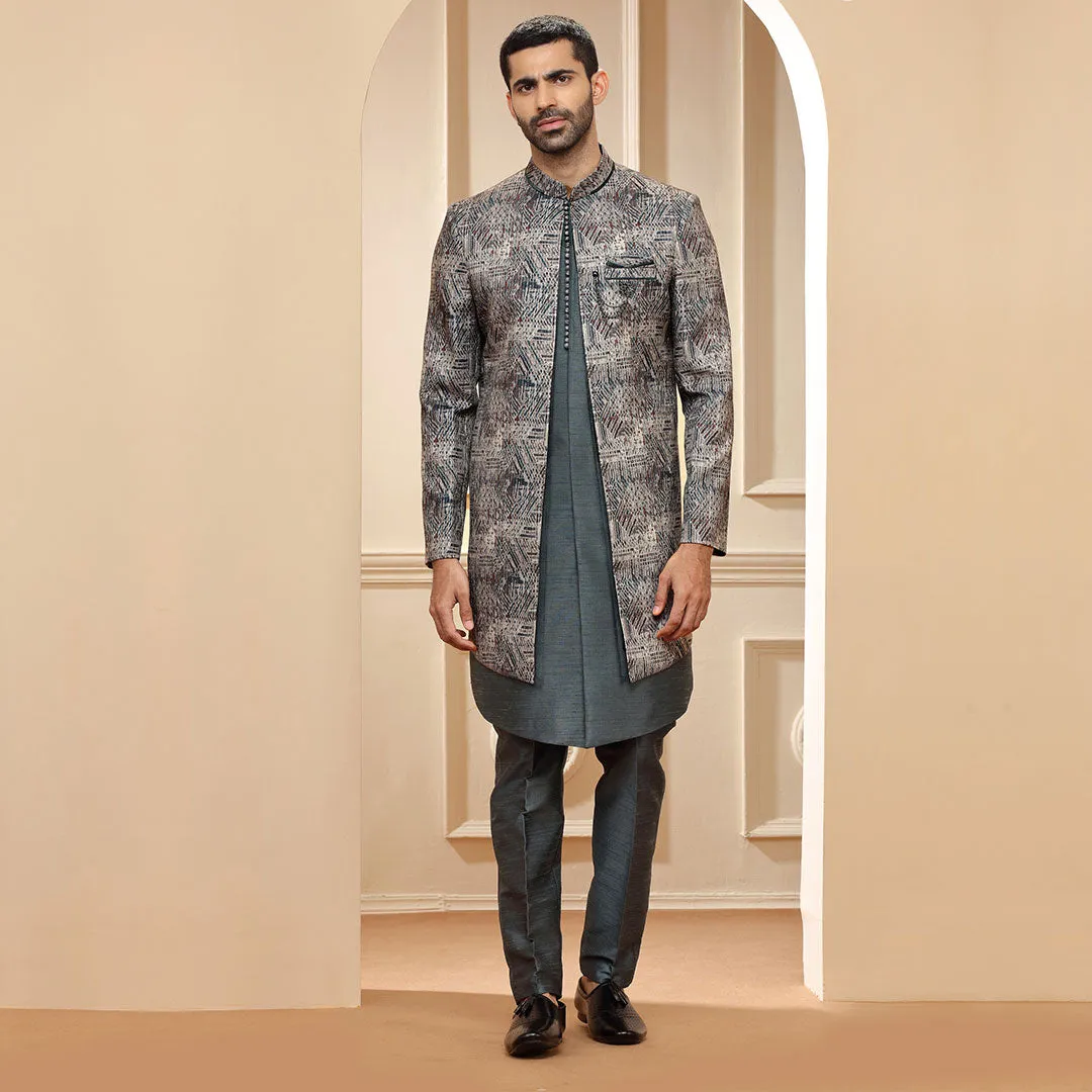 Steel Grey Tone Indo Western With Double Layered Long Coat