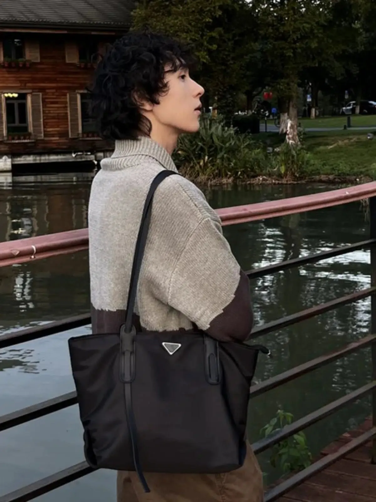 Stylish Triangular Logo Tote Bag