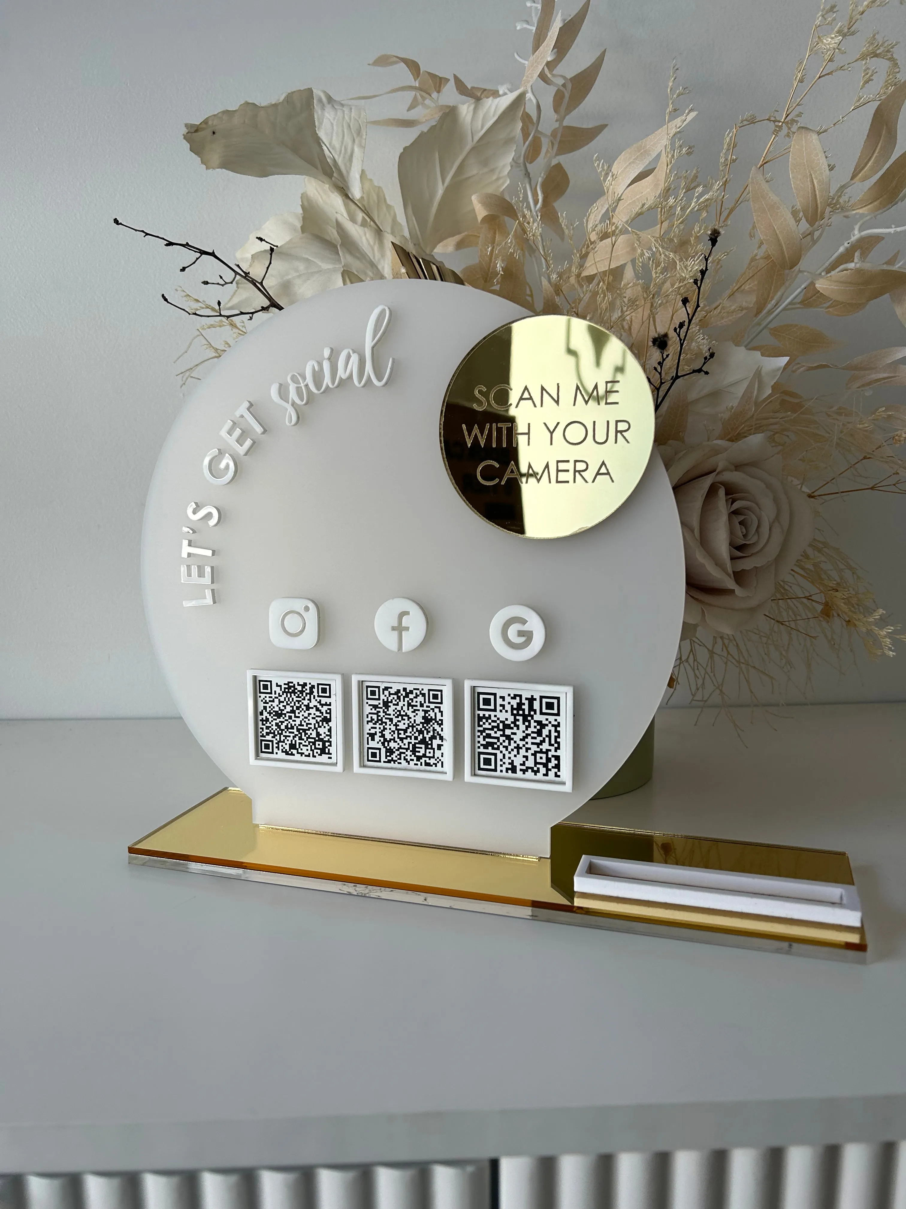 The Round Acrylic Modern QR Sign Freestanding Code Instagram Acrylic Business sign - 3 QR Codes   Business Card Holder