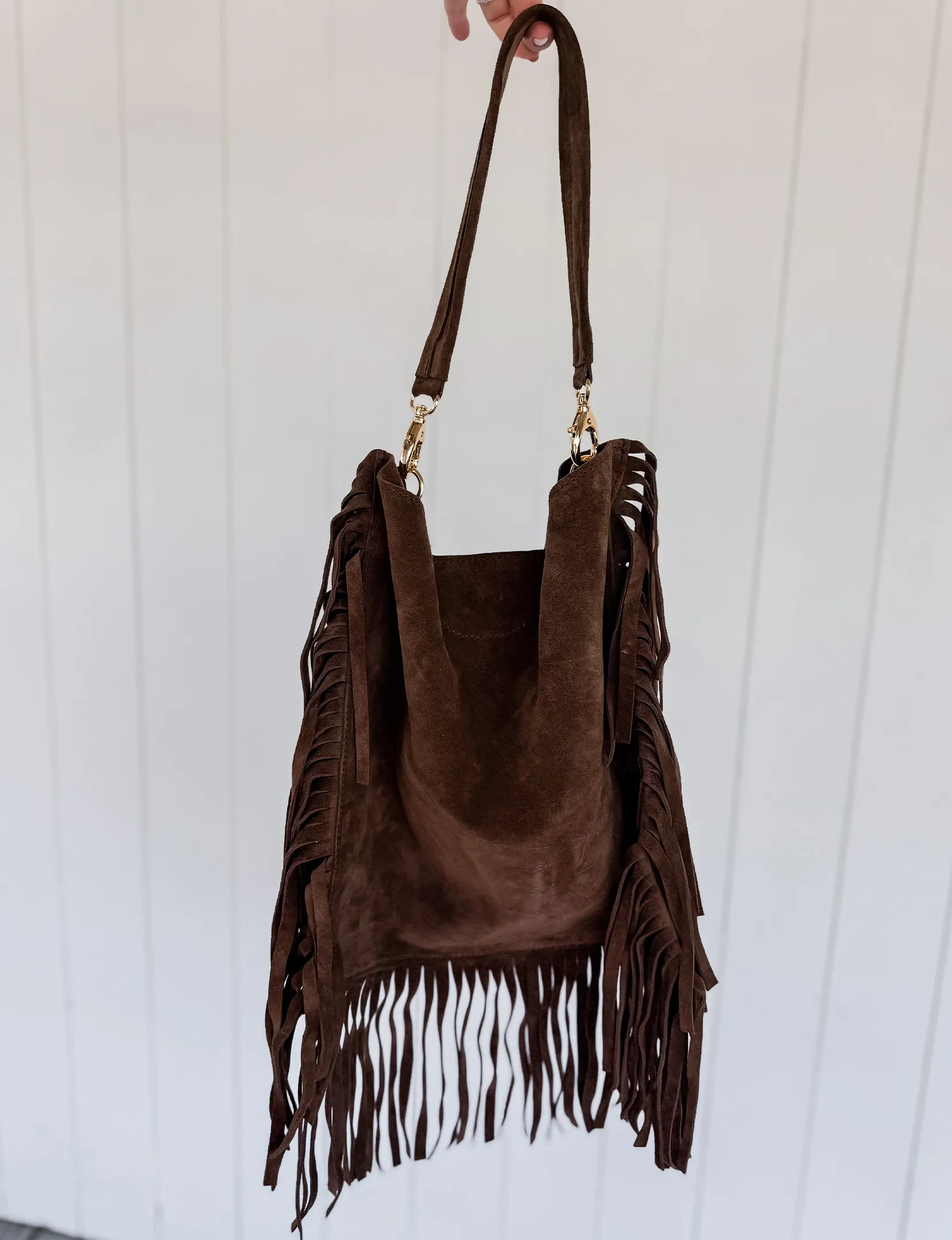Theresa Fringe Bag, Brown Suede