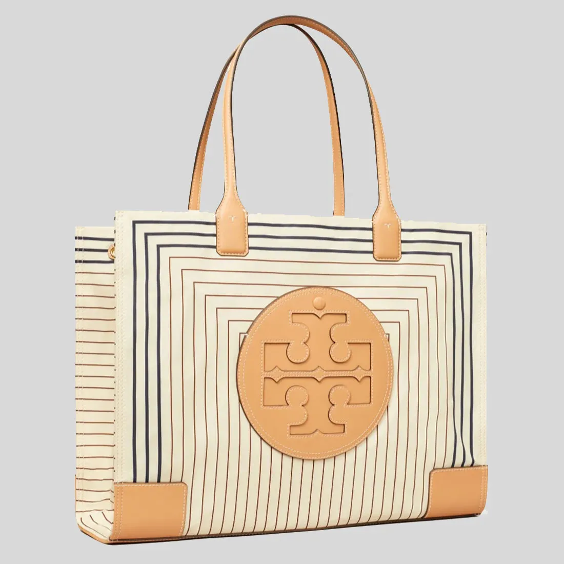 TORY BURCH Ella Printed Tote Bag Box Stripe/Natural Vachetta RS-88237