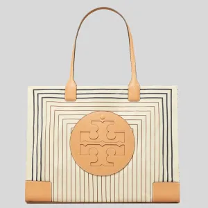 TORY BURCH Ella Printed Tote Bag Box Stripe/Natural Vachetta RS-88237