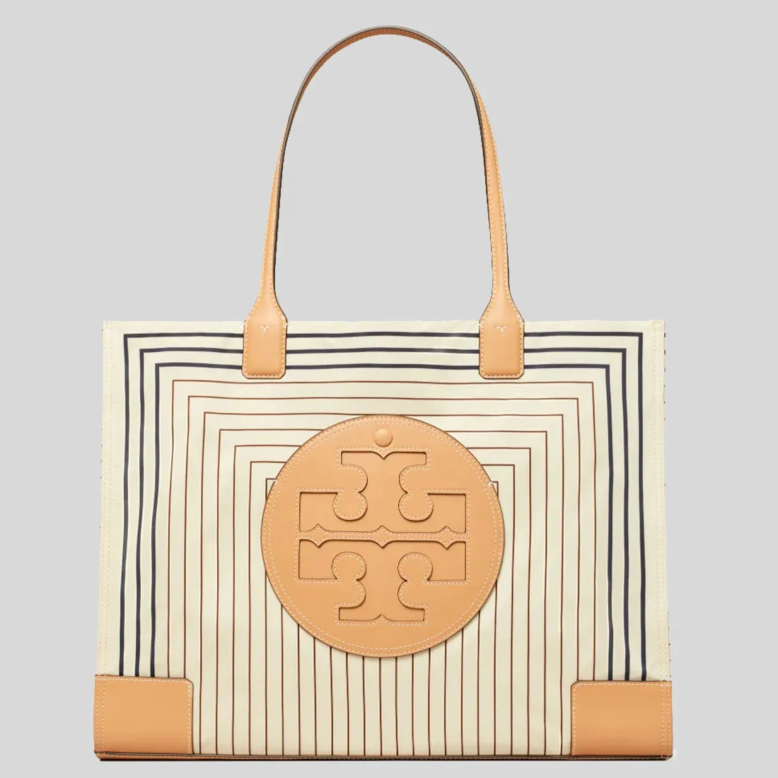 TORY BURCH Ella Printed Tote Bag Box Stripe/Natural Vachetta RS-88237