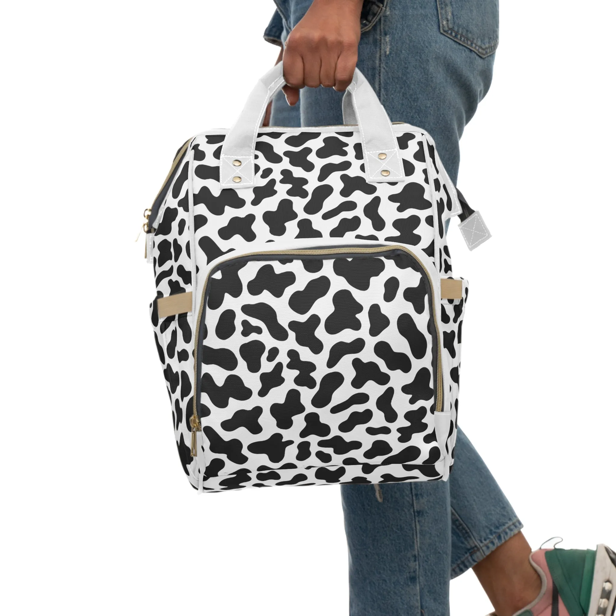 Trendy Cow Print Diaper Backpack - Durable Baby Bag with Unique Cow Pattern, Spacious Nappy Bag for Fashion-Forward Parents