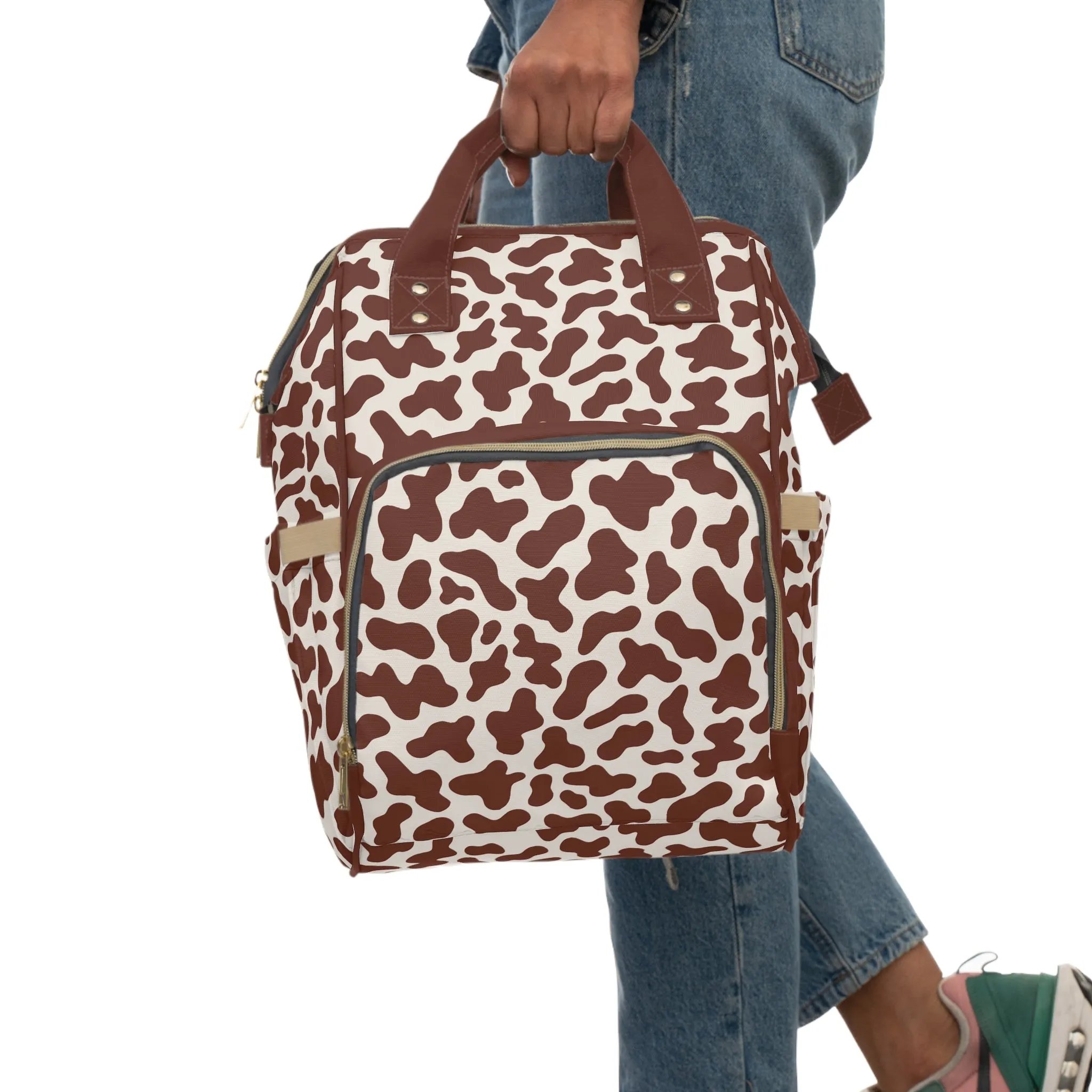 Trendy Cow Print Diaper Backpack - Durable Baby Bag with Unique Cow Pattern, Spacious Nappy Bag for Fashion-Forward Parents