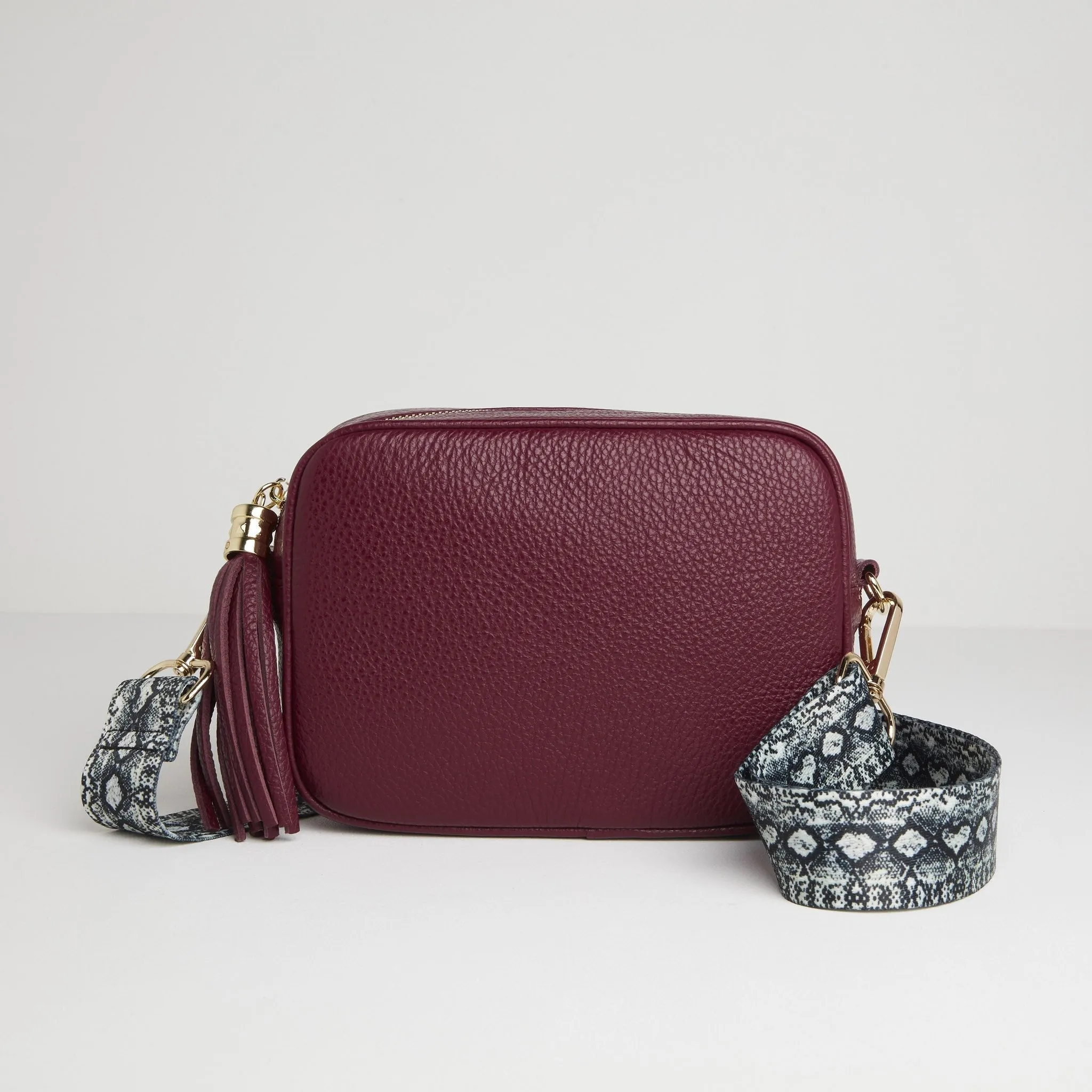 Verona Crossbody Burgundy Tassel Bag With Snake Print Strap