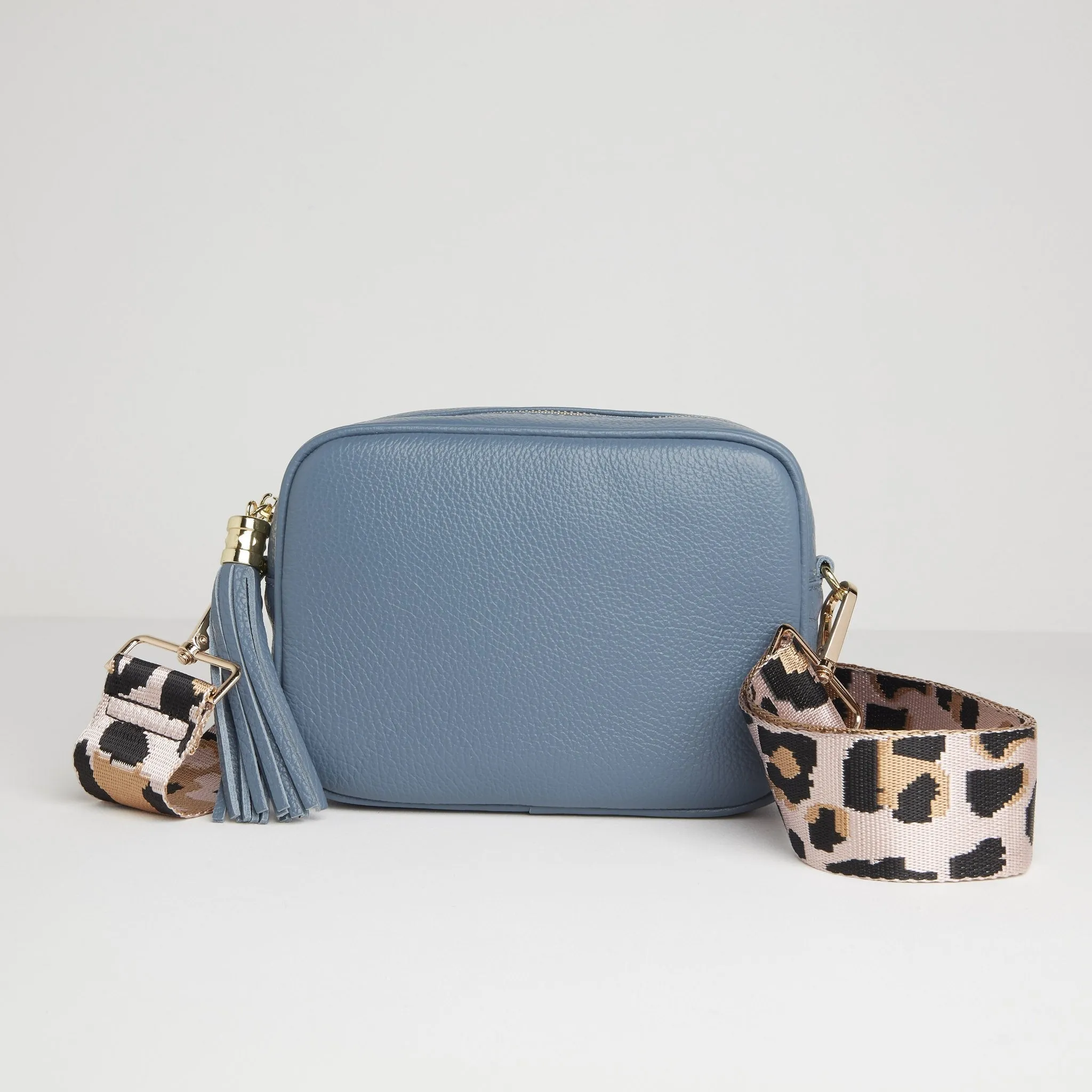 Verona Crossbody Tassel Denim Bag with Light Pink Leopard Strap