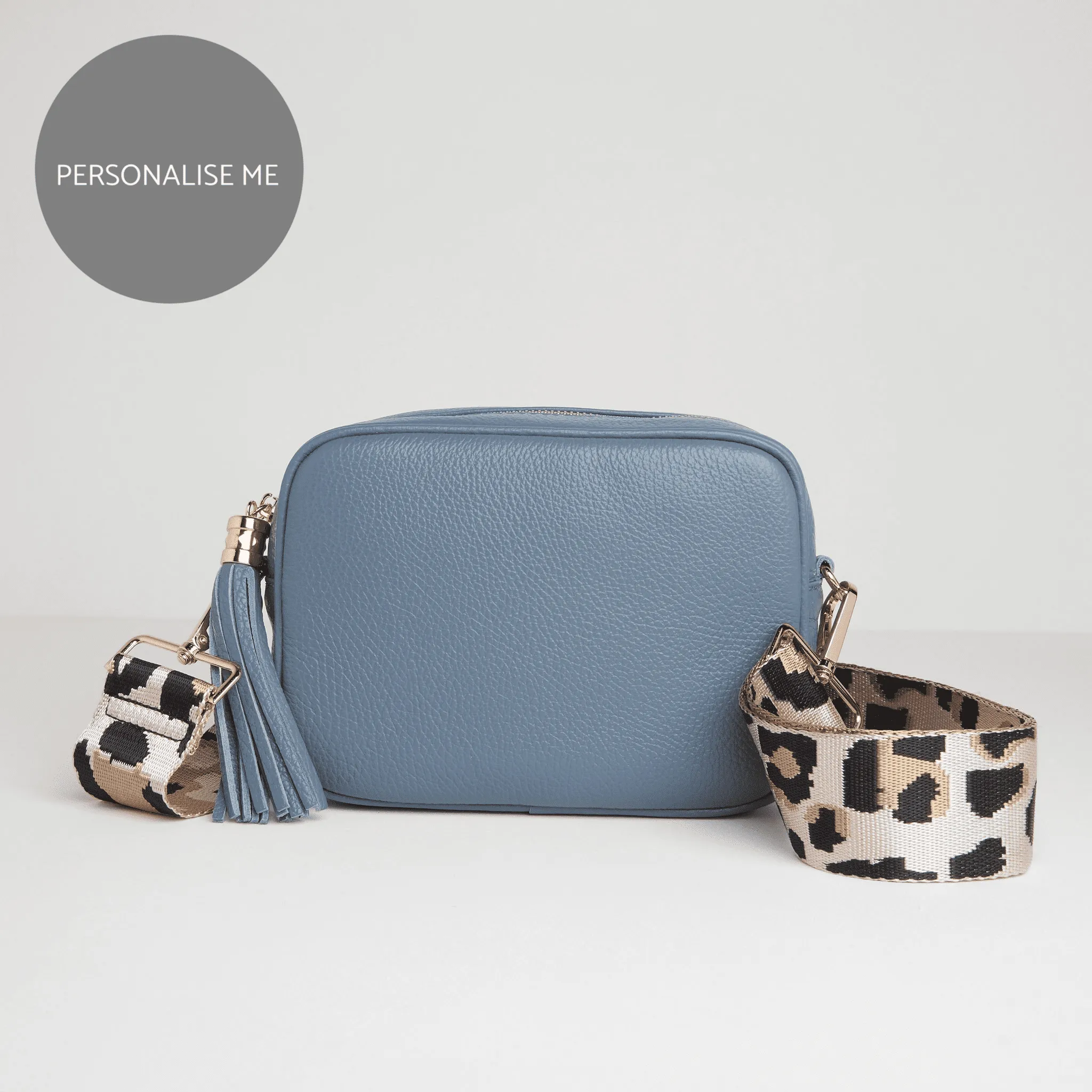 Verona Crossbody Tassel Denim Bag with Light Pink Leopard Strap