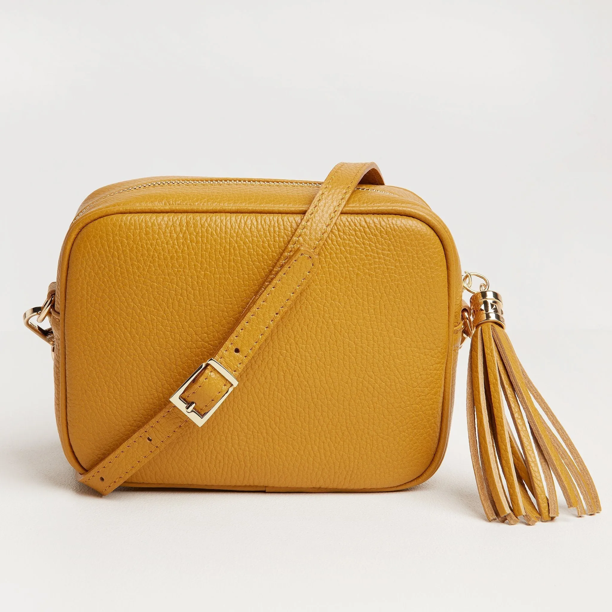 Verona Crossbody Tassel Mustard Bag with Teal and Brown Leopard Strap