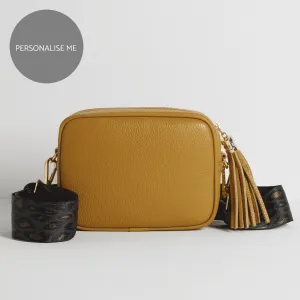 Verona Crossbody Tassel Mustard Bag with Teal and Brown Leopard Strap