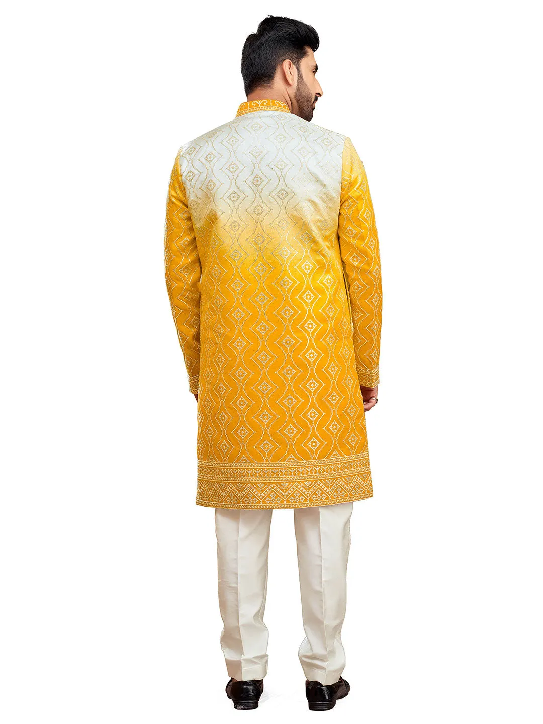 Vibrant Yellow and White Indo-Western Set for Men