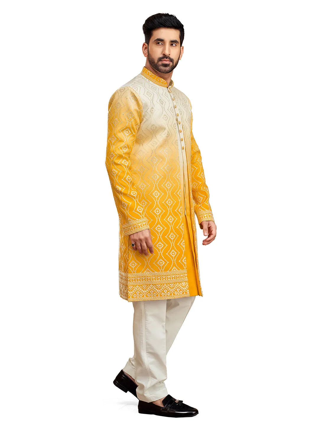 Vibrant Yellow and White Indo-Western Set for Men