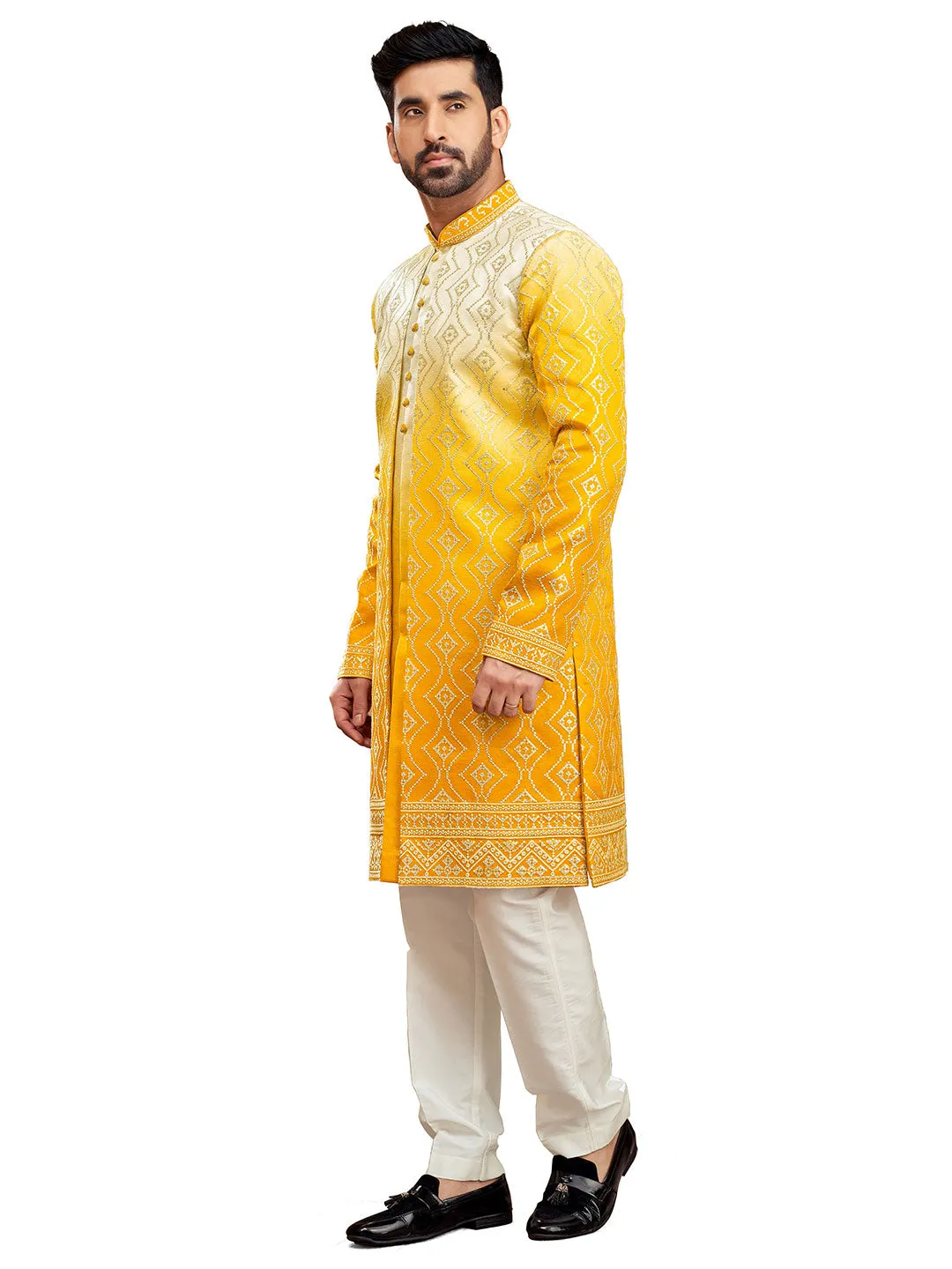 Vibrant Yellow and White Indo-Western Set for Men