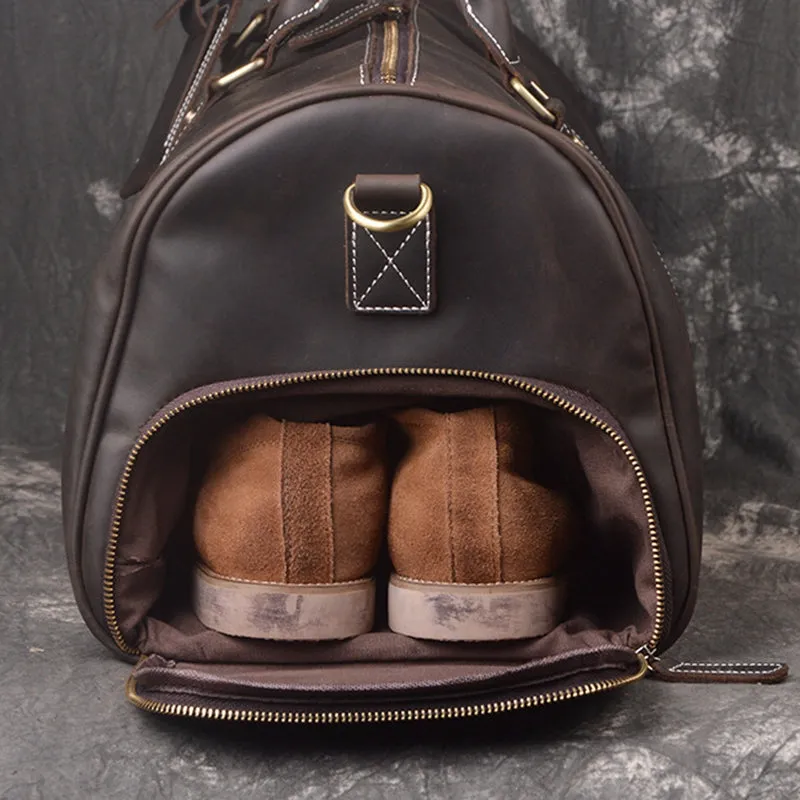 Vintage Full Grain Leather Travel Bag with Shoes Compartment, Large Duffle Bag, Overnight Bag, Weekend Bag