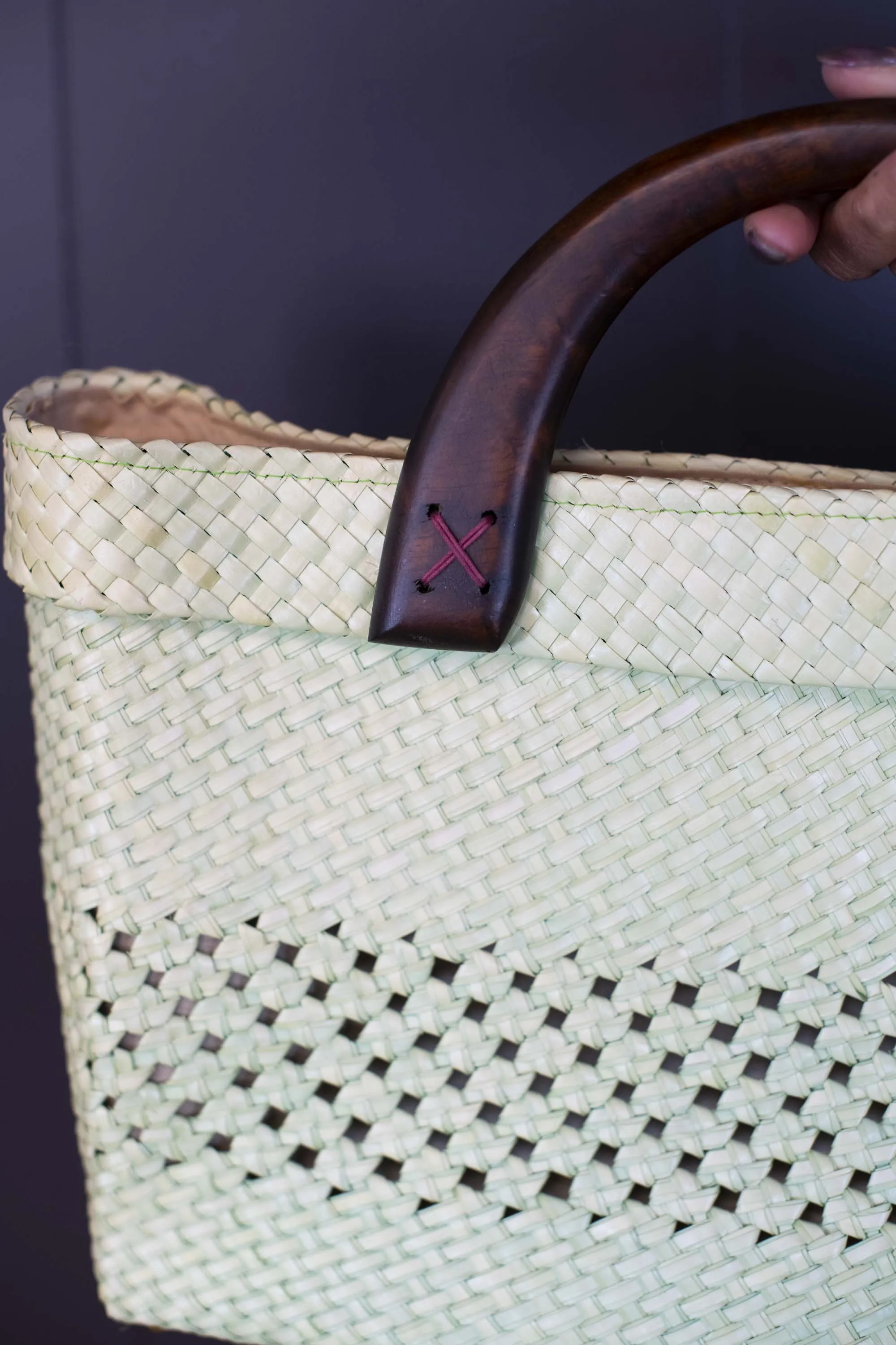 Vintage Handwoven Straw Tote Bag with Wooden Handles