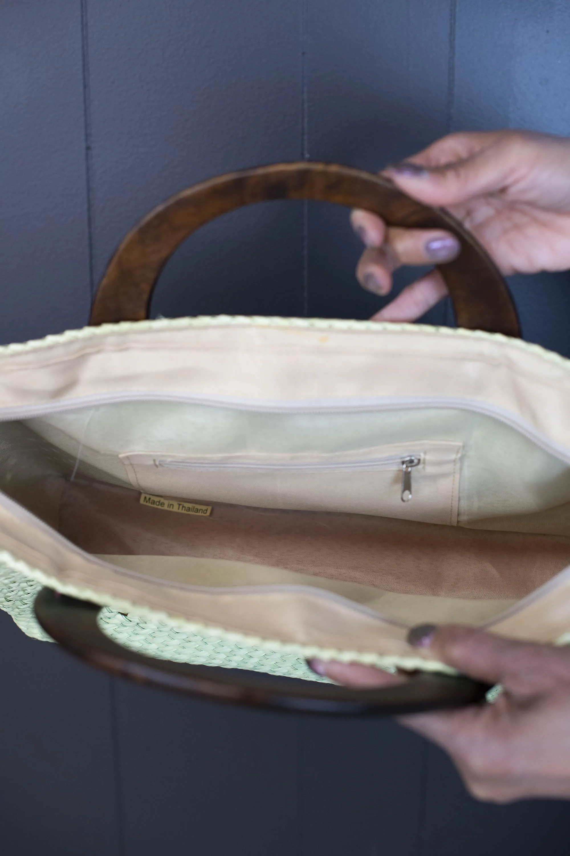 Vintage Handwoven Straw Tote Bag with Wooden Handles