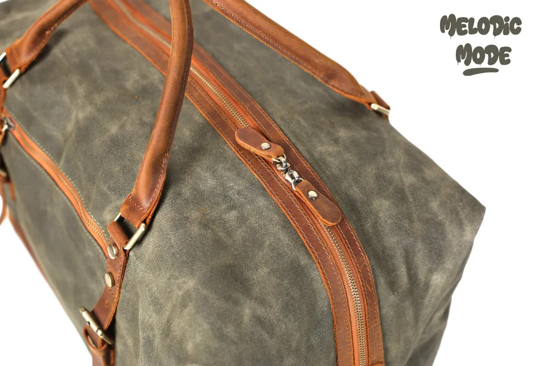 Waxed Canvas Duffel Bag with Leather Straps – Personalized Travel Bag for Men & Women, Weekender Overnight Bag with Shoe Compartment