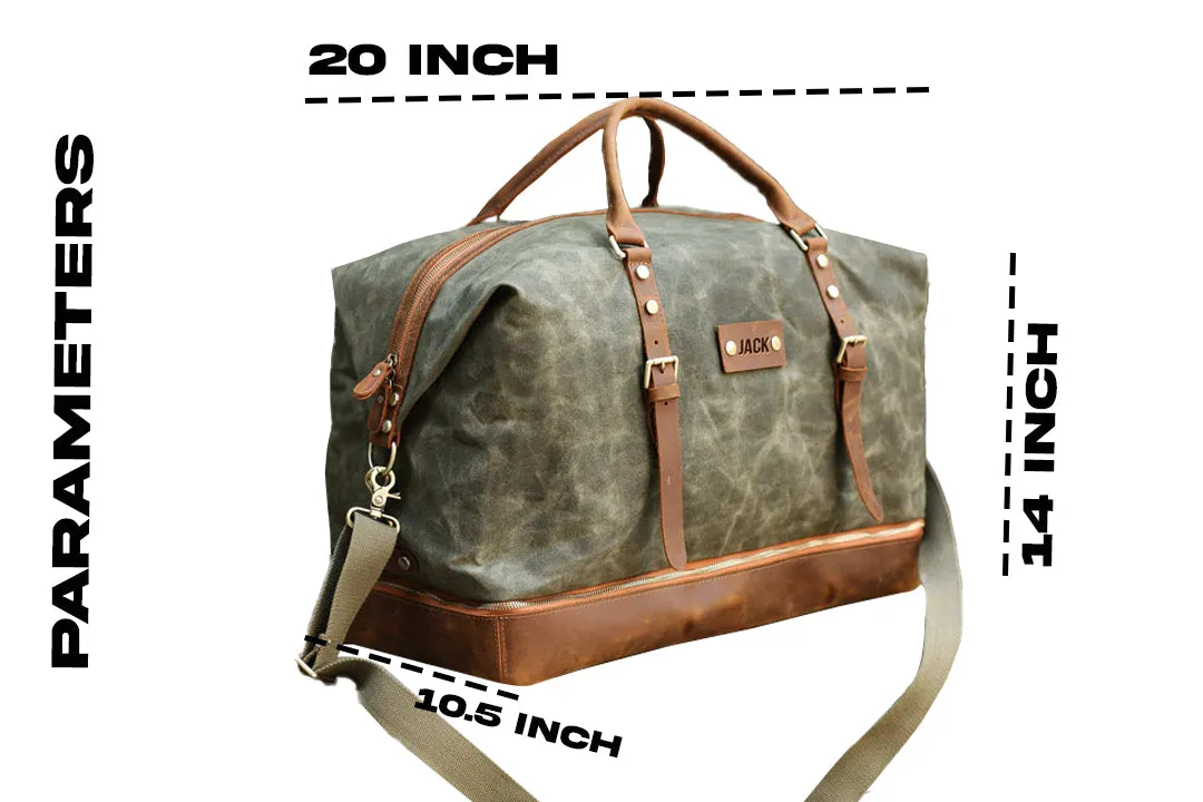 Waxed Canvas Duffel Bag with Leather Straps – Personalized Travel Bag for Men & Women, Weekender Overnight Bag with Shoe Compartment