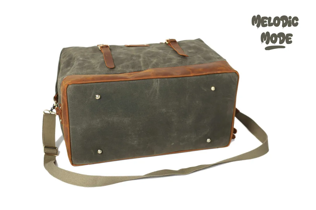 Waxed Canvas Duffel Bag with Leather Straps – Personalized Travel Bag for Men & Women, Weekender Overnight Bag with Shoe Compartment