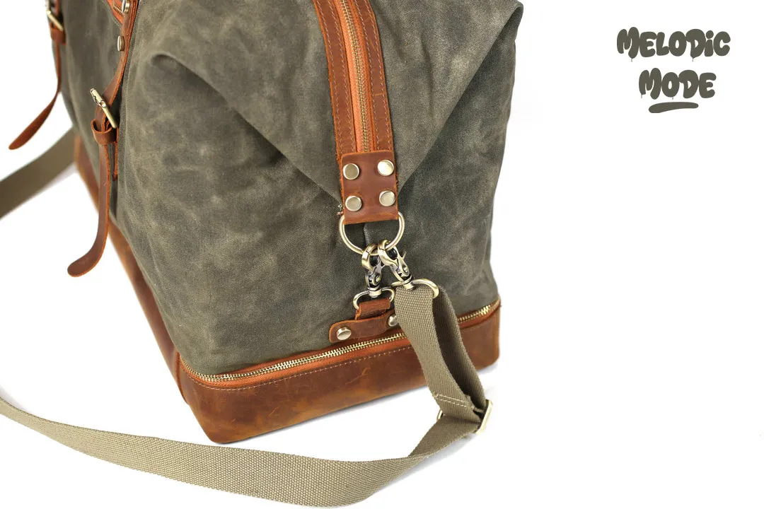Waxed Canvas Duffel Bag with Leather Straps – Personalized Travel Bag for Men & Women, Weekender Overnight Bag with Shoe Compartment