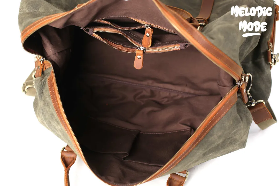 Waxed Canvas Duffel Bag with Leather Straps – Personalized Travel Bag for Men & Women, Weekender Overnight Bag with Shoe Compartment